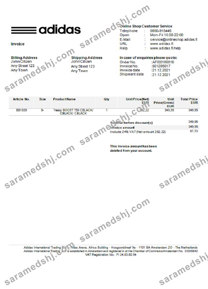 USA Adidas invoice